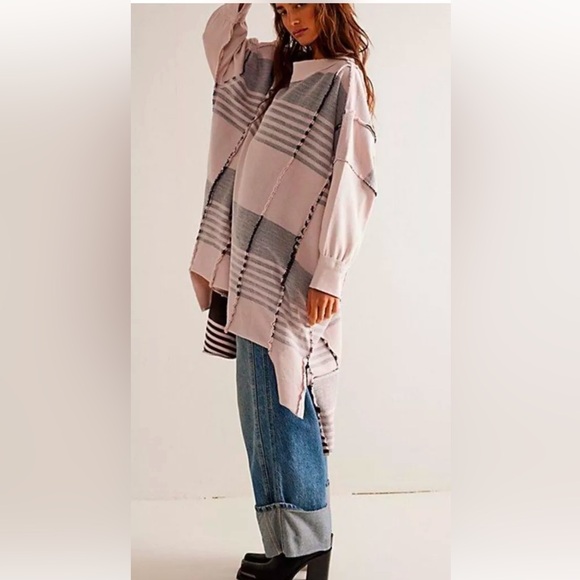 Free People Off The Shelf Maxi Top Sweatshirt Reversible Slits Mauve Chalk - Picture 3 of 7